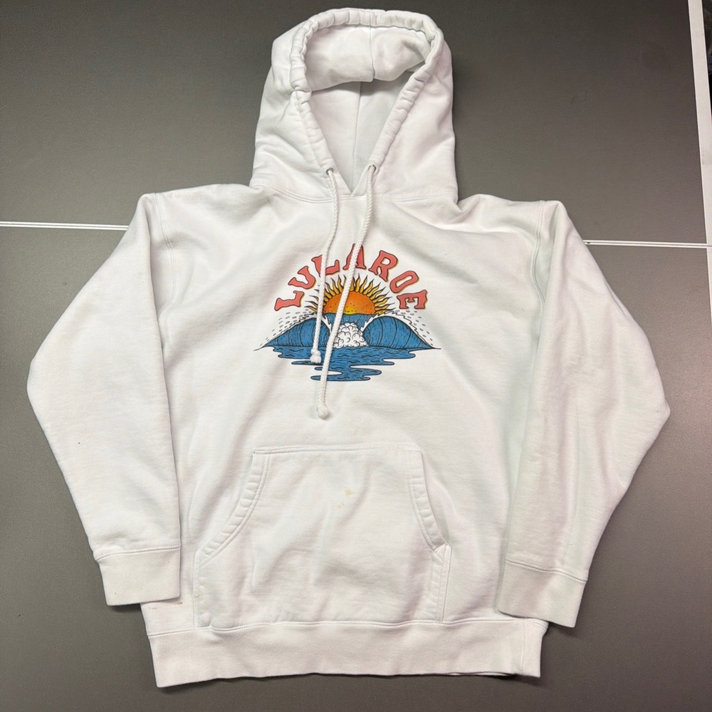 LuLaRoe White Pullover Hoodie Graphic Ocean Waves Sun Surf Sweatshirt Mens L
